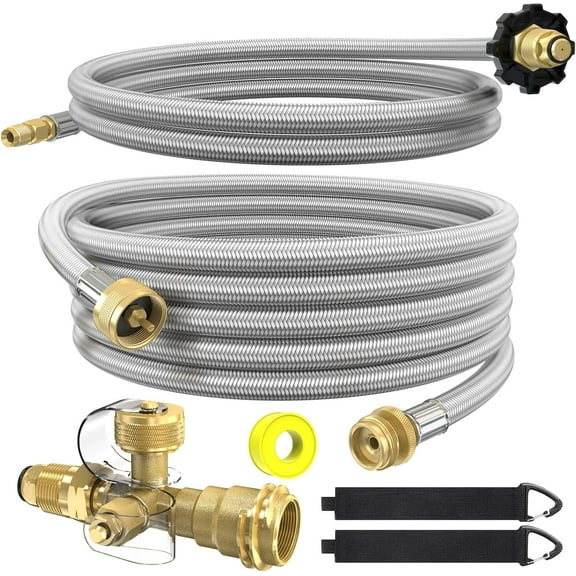 Propane Brass 4 Port Tee Kit Propane Brass Tee Adapter Kit 5FT and 12FT Stainless Braided Hoses Allow for Connection Between Auxiliary Propane Cylinder and Propane Appliances for Tank RV Camping