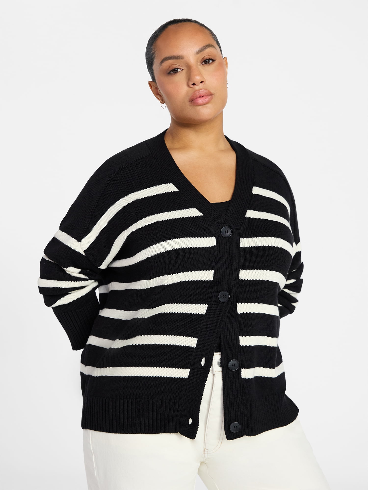 Terra & Sky Women's Plus Size Boyfriend Cardigan with Long Sleeves, Midweight, Size 0X-5X