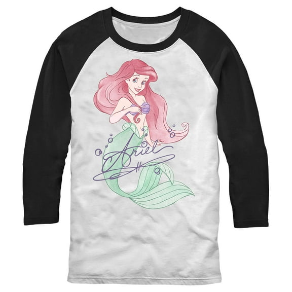 Men's The Little Mermaid Ariel Watercolor Signature  Baseball Graphic Tee White/Black Medium