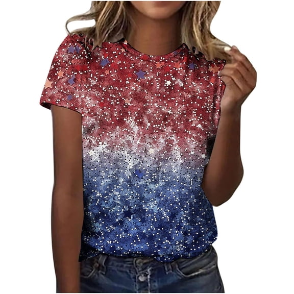 Tnhcen Women's 4th of July Patriotic Print Crewneck T-Shirt | Loose Fit Polyester Spandex Tops | Plus Size Friendly (S-5XL) Casual Summer Tops