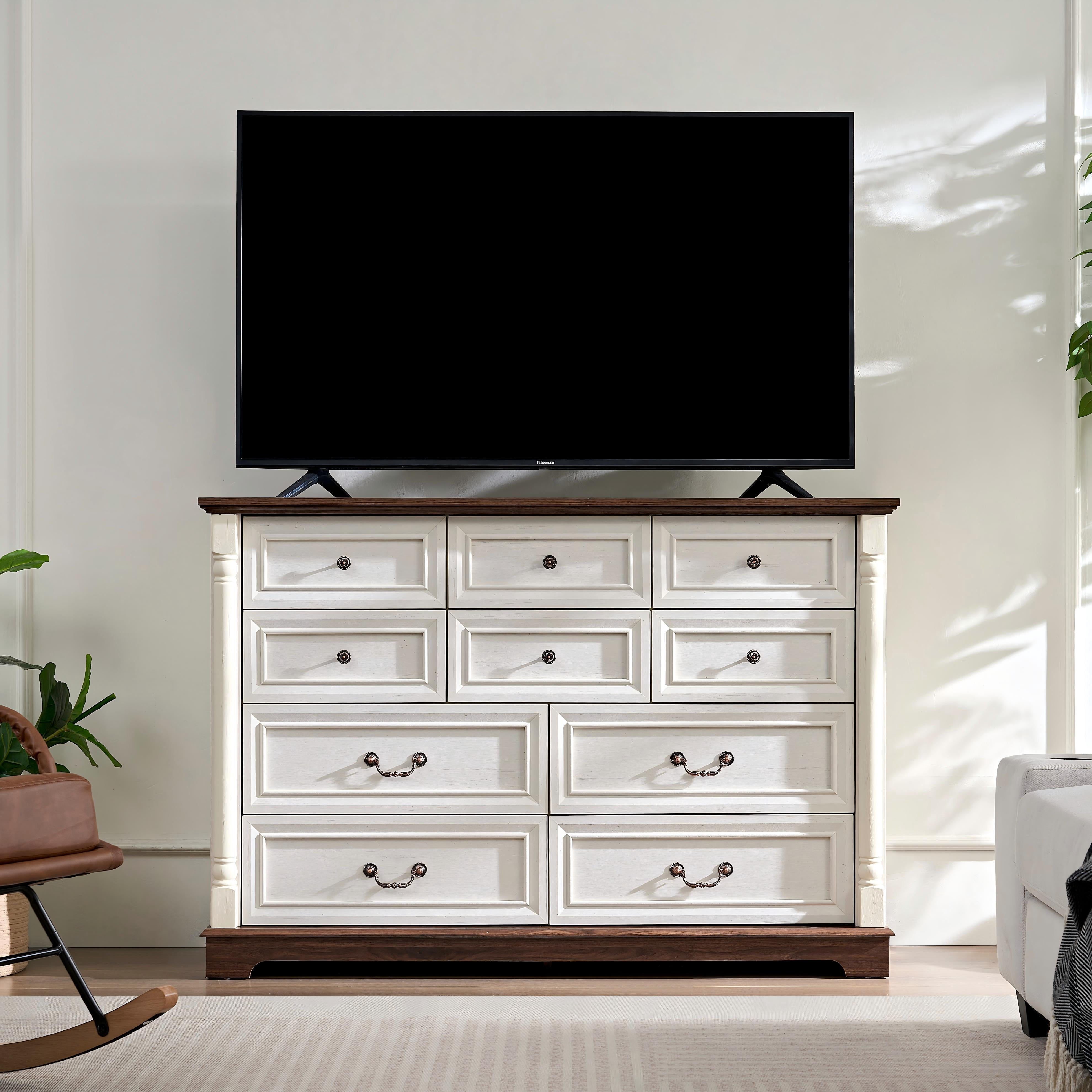 AENKYO 10-Drawer Wide Dresser, Extra Large Vintage Farmhouse Drawer Chest for Bedroom or Living Room, Antique White