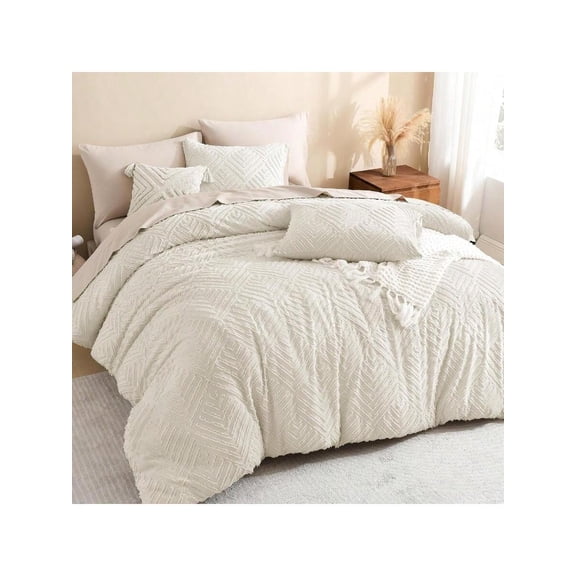 Beige Full Comforter Set 3 Pieces Cream Tufted Boho Farmhouse Bedding Comforter Sets Lightweight Fluffy Comforter Bed Set For All Season 79x90In Comforter And 2 Pillowcases