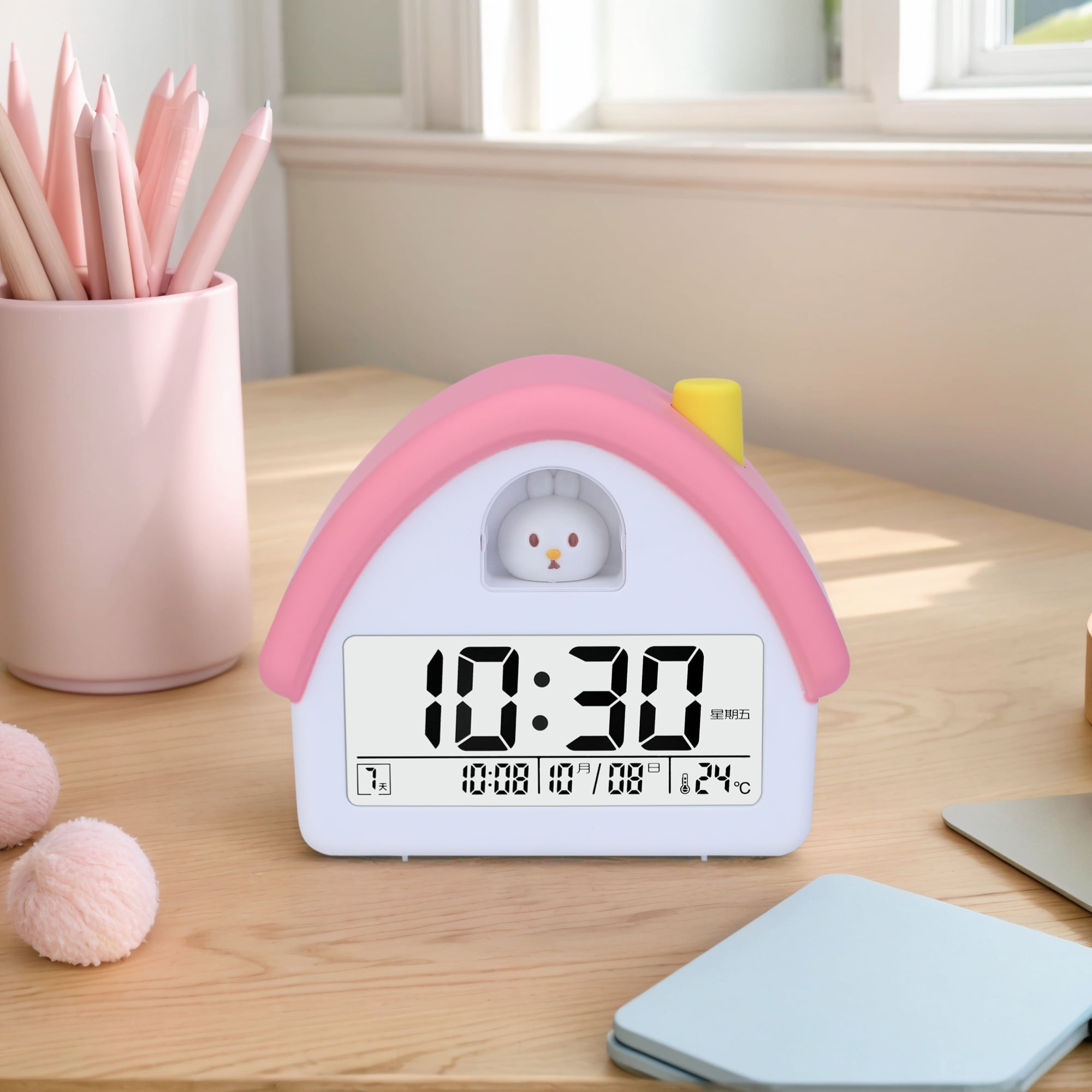 Unique Bargains House-Shaped Alarm Clock White Bunny 4.3"L x 2.4"W x 5.0"H