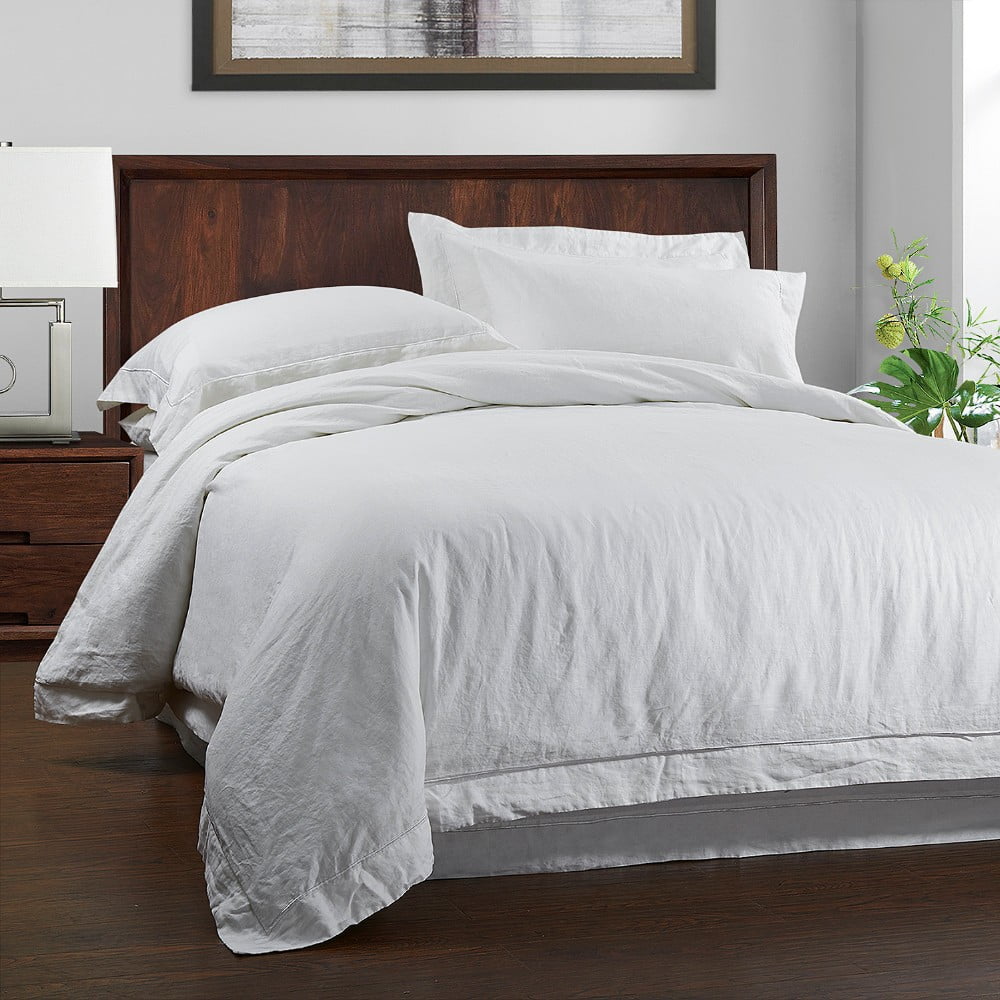 100% Linen Solid Embroidery Border Duvet Cover Set (King,White) - Walmart.com - Walmart.com