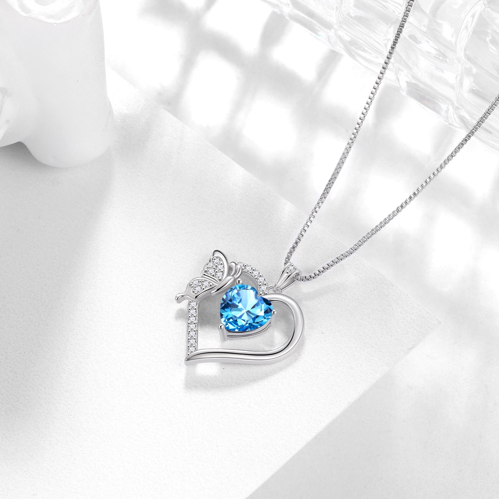 Blue Heart Necklace Butterfly March Birthstone Necklace Aquamarine 925 Sterling Silver Pendant Jewelry Women Christmas Birthday Mother's Day Gift