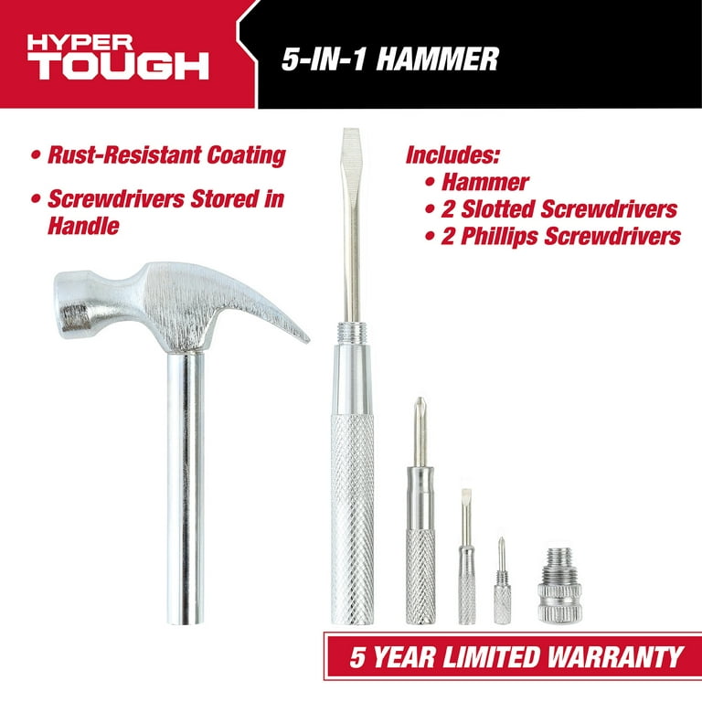 Hyper Tough 5-in-1 Hammer and Screwdriver Set, 4 Screwdrivers and 1 Hammer  