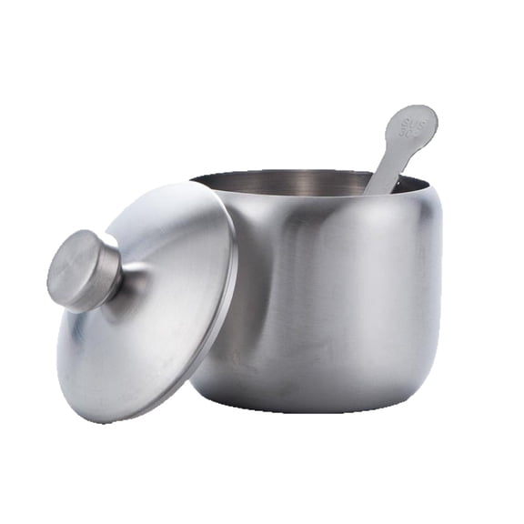 Stainless Steel Sugar Bowl, with Lid and Spoon, Silver, Round, Geometric Pattern, Durable, Rust Resistant, Dishwasher Safe, Home and Kitchen Storage
