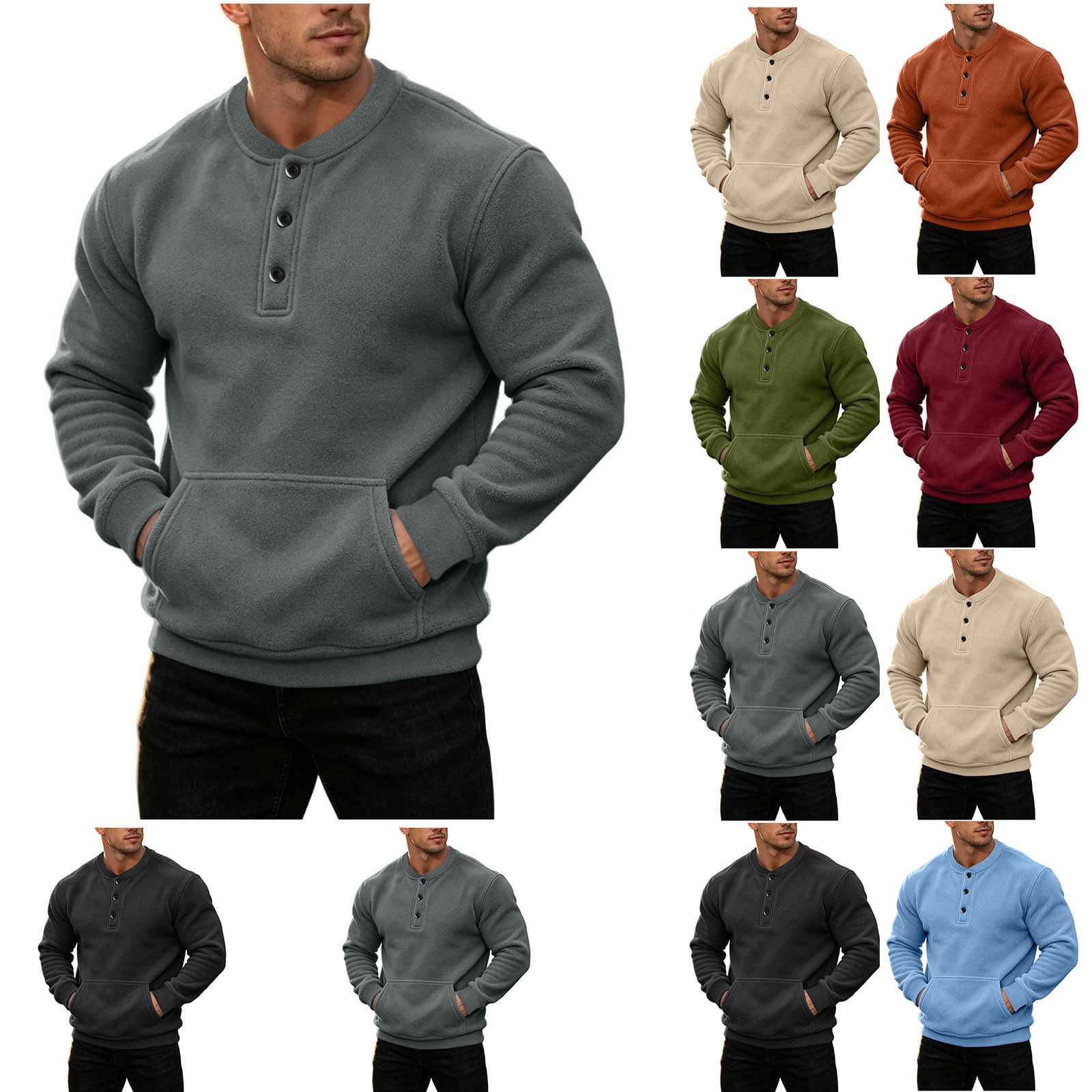 UVEASISHA Mens Fleece Henley Sweatshirts 3-Button Collarless Long Sleeve Pullovers Fuzzy Casual Fall Winter Pullover Sweatshirt with Kangaroo Pocket for Daily Wear Khaki L