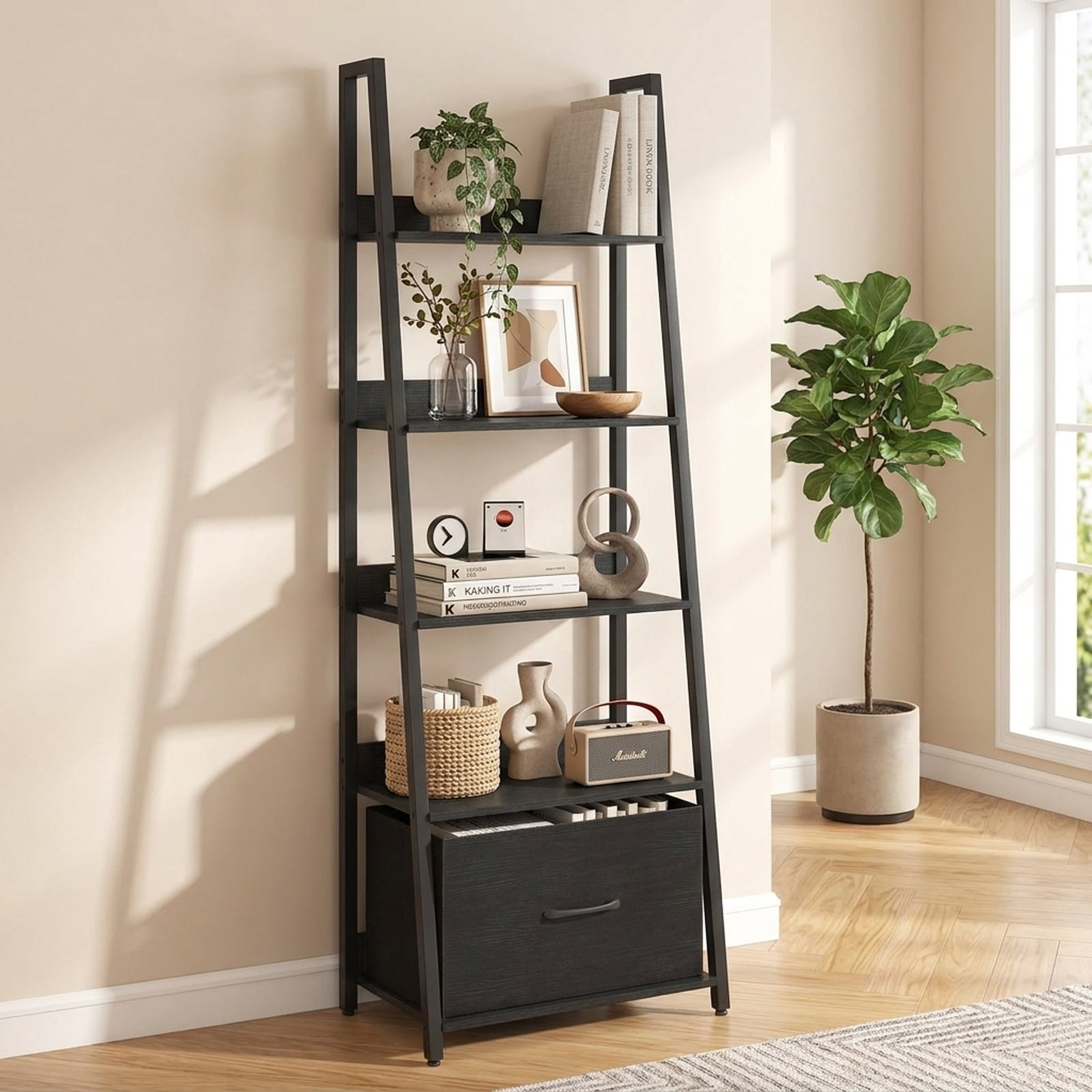 Furnibear 5-Tier Ladder Bookshelf with Fabric Drawer for Living Room and Home Office for Living Room Home Office Bedroom Display Storage Shelf, Black