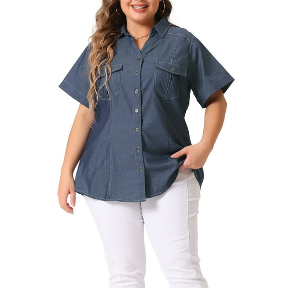 Unique Bargains Women's Plus Size Chambray Shirt Denim Western Shirts Short Sleeve Button Down Tops Black Blue 1X