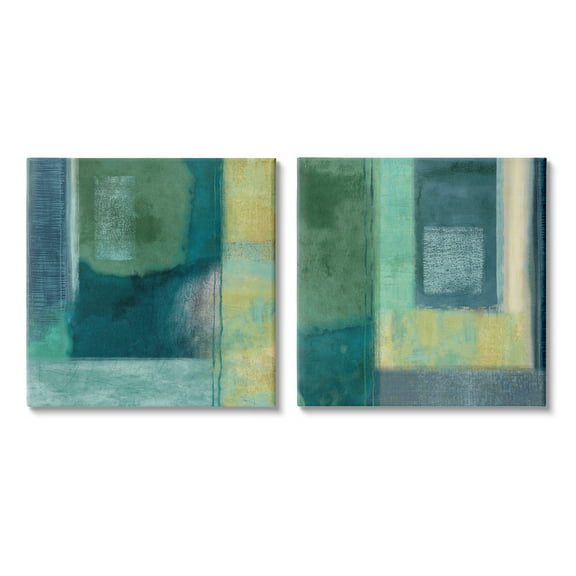 Asymmetrical Soft Abstract Shapes Blue Green Yellow Abstract Gallery-Wrapped Canvas Print Wall Art, Set of 2, 17x17