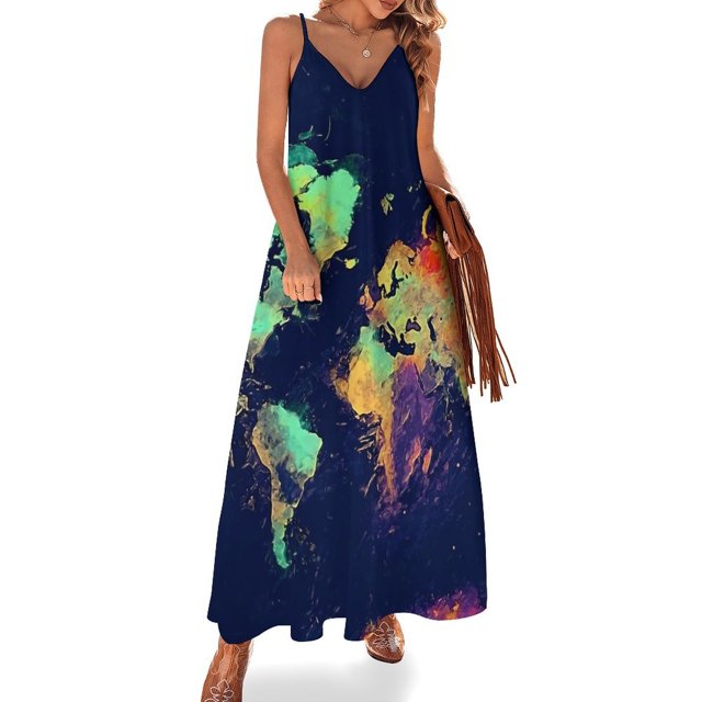 Vestido con mapa del Viejo Mundo, vestido largo moderno con mapa antiguo, cuello en V, estilo bohemio, para playa, tirantes, moda urbana, vestidos de gran tamaño