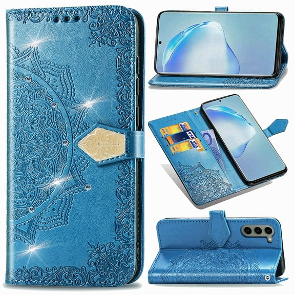 Flip Wallet Case for Samsung Galaxy S21 FE, Bling Diamond Embossed Cover [Premium PU Leather TPU Bumper][3 Card Slots][Stand Function][Magnetic Closure][Wrist Strap] Shockproof Phone Case,Blue