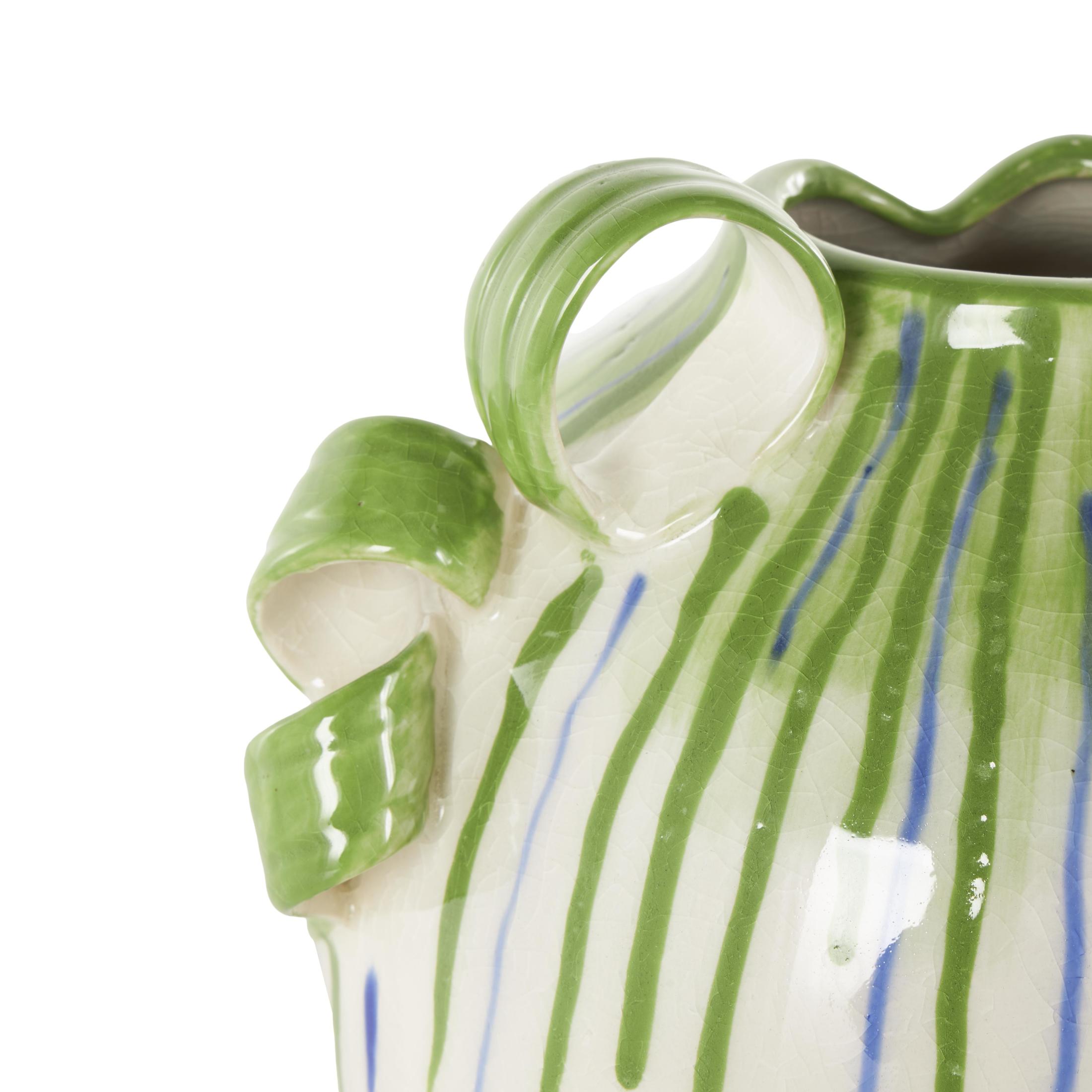 DecMode 11" Abstract White Ceramic Vase with Green and Blue Drip Design and Handles