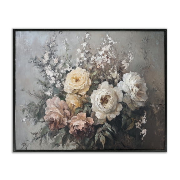 Stupell Industries Roses & Peonies on Gray Plants & Flowers Painting Black Framed Art Print Wall Art, 14 x 11