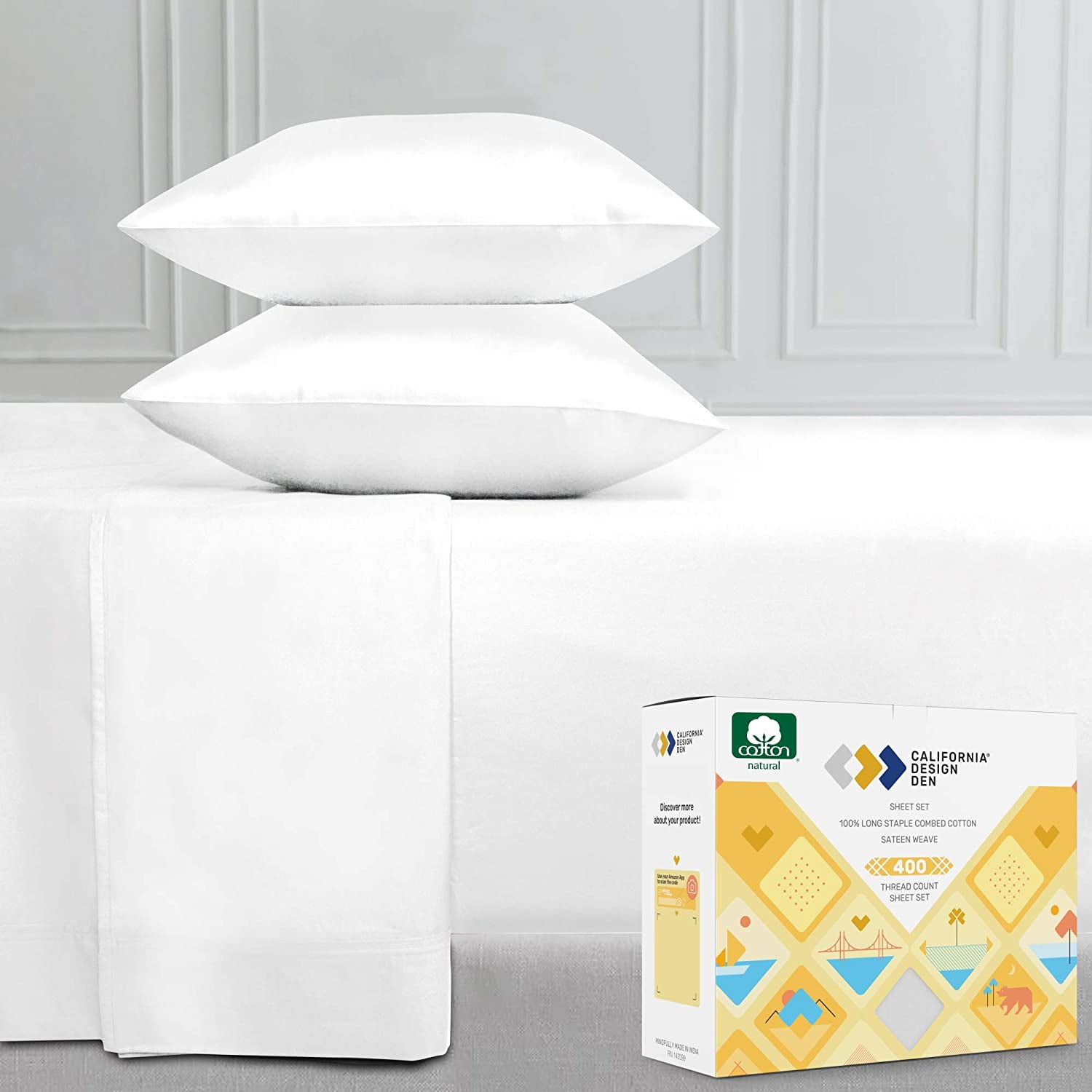 Details about   400-Thread-Count 100% Cotton Sheet Pure White Queen-Sheets Set 4-Piece Long-sta 