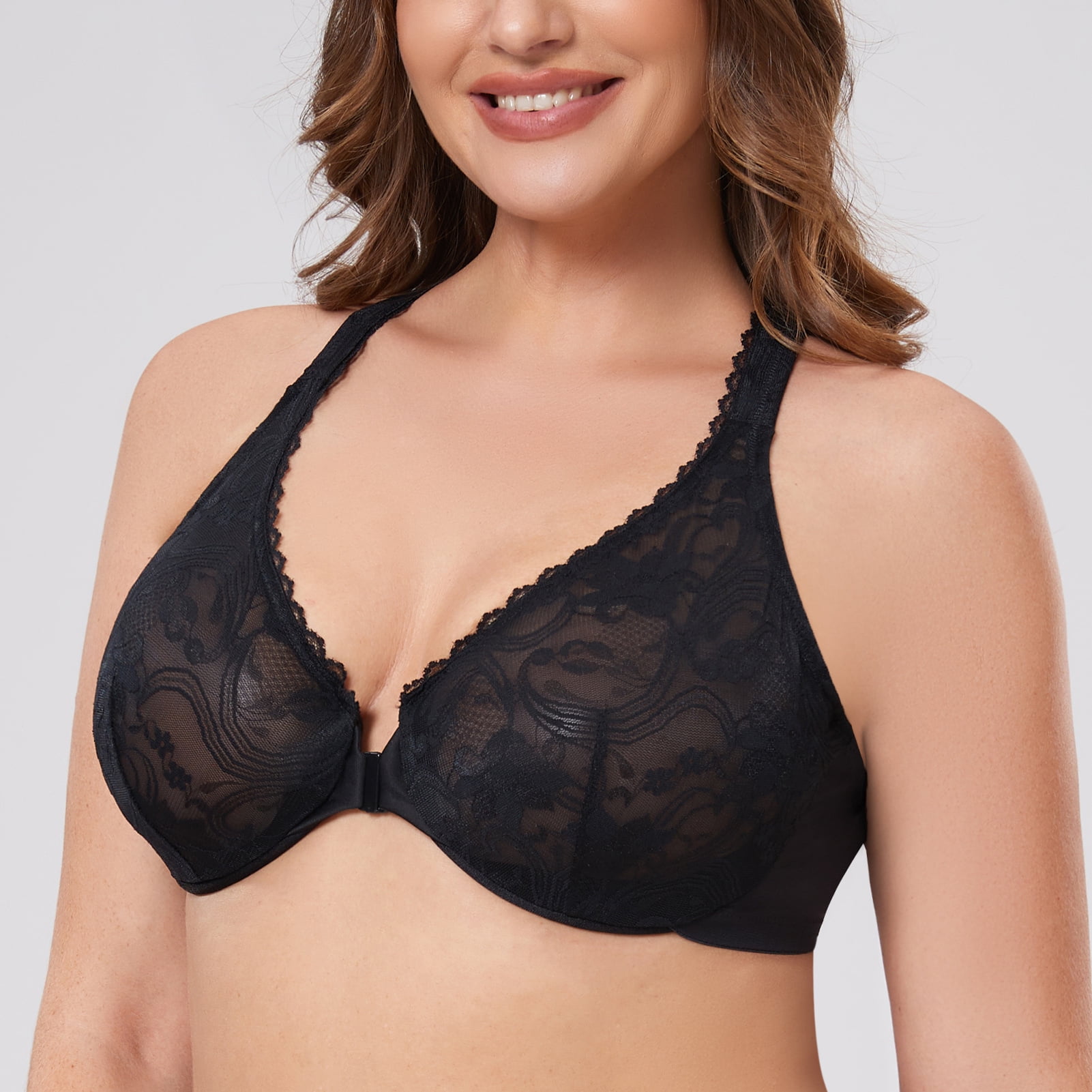 MELENECA Women's Plus Size Racerback Unlined Lace Underwire Front Closure Bra Black 44G