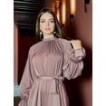 thumbnail image 2 of PAOLA RIBONI Modest Simple Brown Satin Dress With Stylish Sash Full Sleeves Round Neck Elegant Design Ideal For Women Who Appreciate Timeless Fashion, 2 of 10