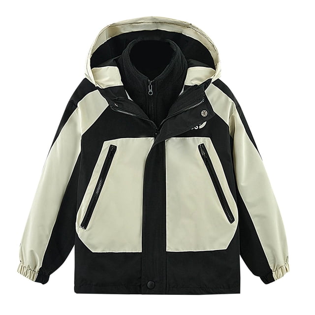 2025 Boys Winter Coat 3 In 1 Waterproof Windbreaker Color Block Detachable Fleece Lining Fall Winter Jacket Toddler Outerwear Black
