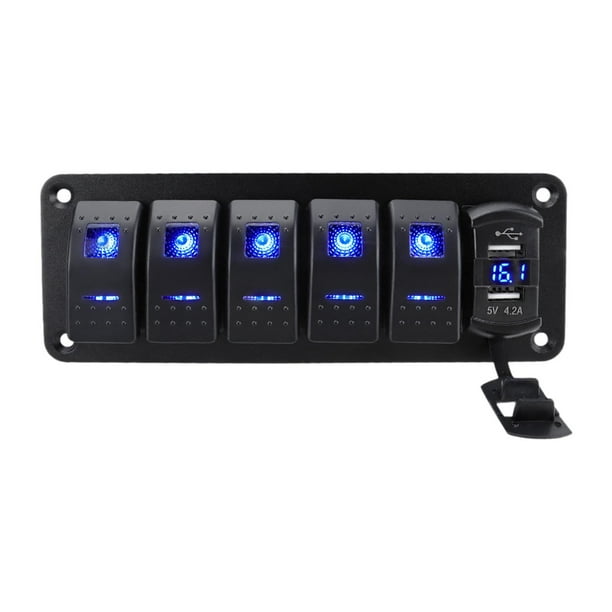 Panel de interruptores basculantes de 4,2 A con cargador USB doble, voltímetro de aluminio de alta resistencia para vehículos 6 pandillas