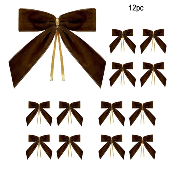 12pc Brown Velvet Christmas Bows Ornaments for Wreath Tree Garland Mantel Gift Box Holiday Decor