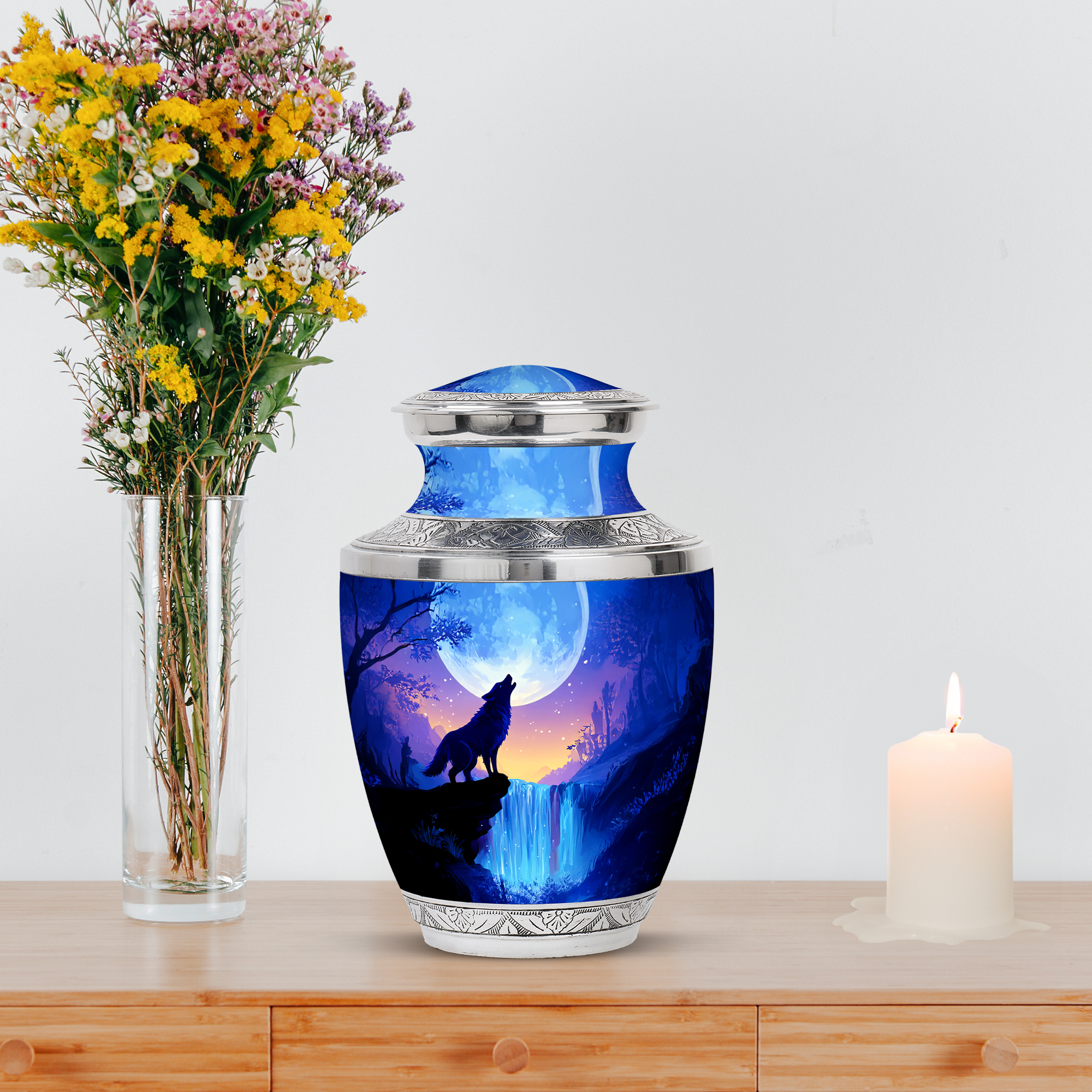 MUKTIVE Waterfall Urns for Human Ashes for Friends, Large Moon Urns for Adult Ashes for Women, Unique Wolf Keepsake Urns for Burial, Memorial Blue Urn for Mom & Dad (1 Large, 4 Keepsake)