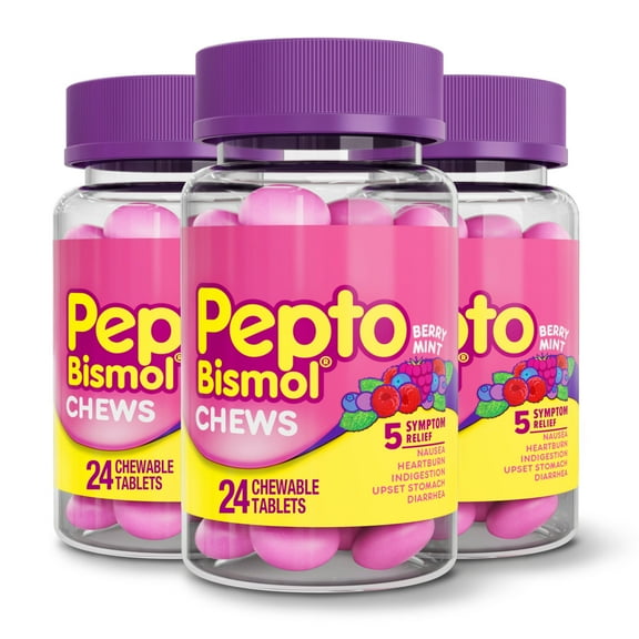 Pepto Bismol Chews, Fast 5 Symptom Relief, Berry Mint Flavor, 24 Ct x 3