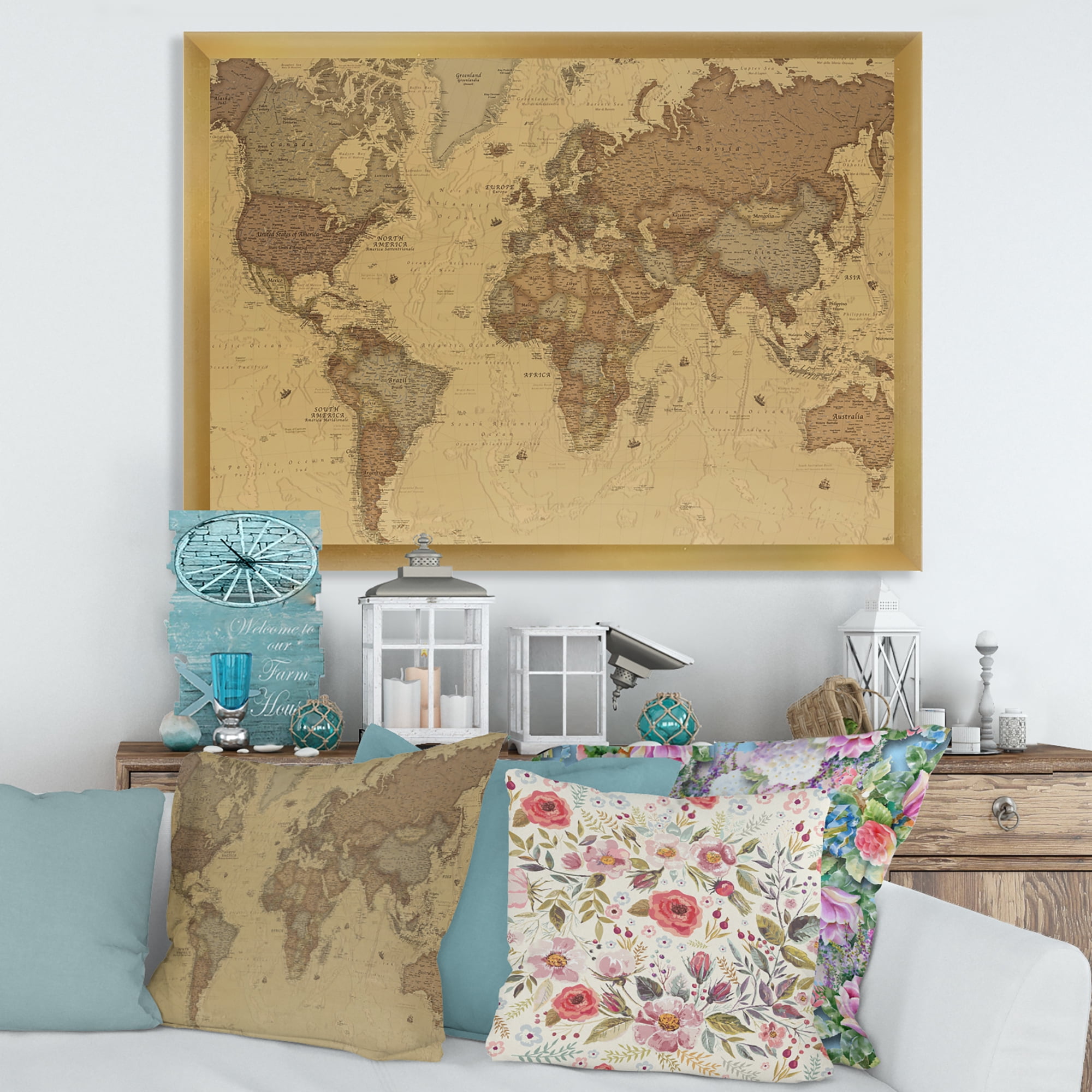 Designart 'Ancient World Map III' Vintage Framed Art Print