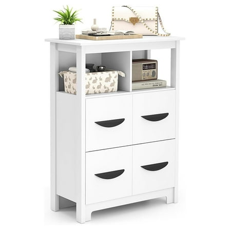 Bathroom Floor Storage Cabinet, Modern Side Cabinet with 2 Open Compartments & 2 Drawers, Freestanding Storage Organizer, Accent Console Table for Living Room, Kitchen, Entryway, White