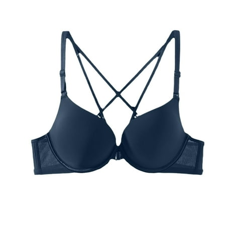 Gnurob Womens Push Up Bra Front Closure Bralettes Cross Back Brassiere Beauty Back Smoothing Bras Full Support Underwire Bralette Breathable Underwear Clearance Saving Blue Medium