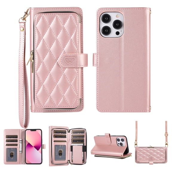 Nalacover for iPhone 12 Pro Max 6.7 inch Premium PU Leather Crossbody Case with Shoulder Strap & Wrist Strap,Shockproof Magnetic Flip Kickstand Credit Card Slots Zipper Wallet Phone Case,Rosegold
