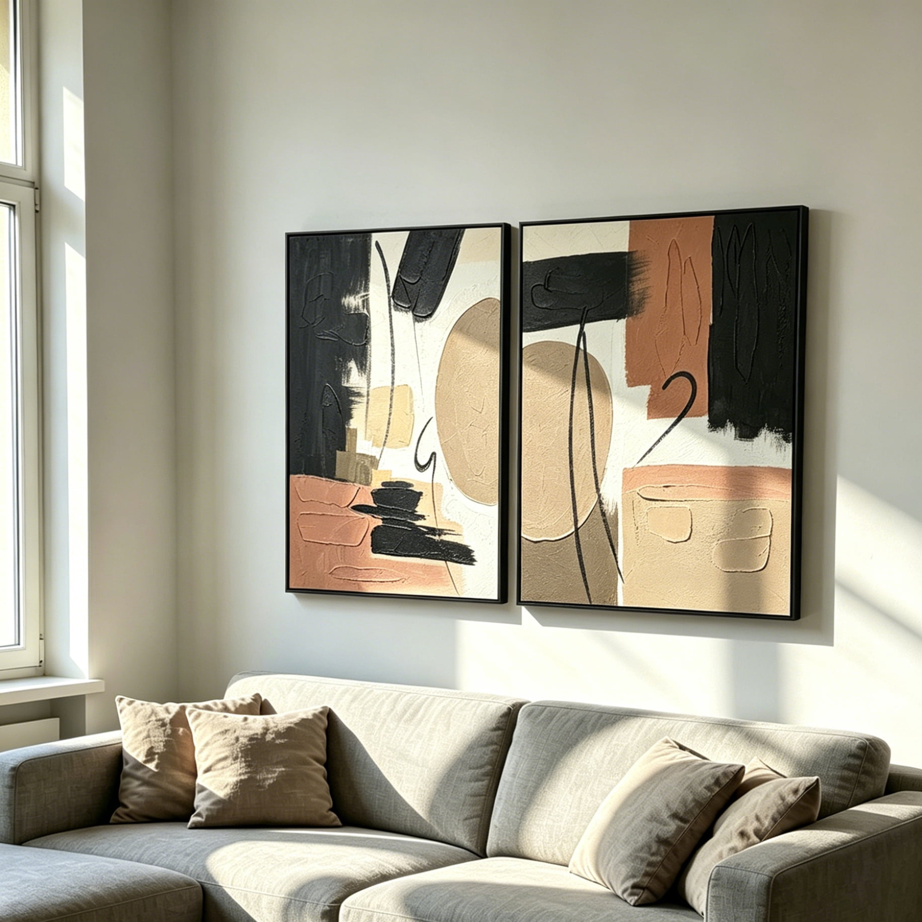 Euroco Framed Abstract Wall Art Set of 2, 25x37 in Modern Grace Textured Canvas Painting,Neutral Black Beige & Terracotta Abstract Artwork for Living Room Bedroom