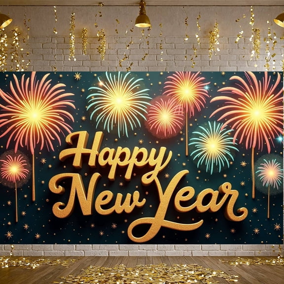 Fireworks Design Happy New Year Banner Gold Lettering New Year Display Dark Background Star Decorations Festive Backdrop for New Year Party Holiday Celebration Indoor Decoration