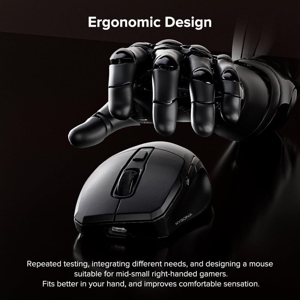 KYSONA Wireless Gaming Mouse, 26000 DPI, 8K Polling Rate, 2.4GHz/USB-C/Bluetooth, Web-Driven, Ice-Cooling Coating, Rechargeable  Ergonomic Mice for Laptop/PC/Mac, Black