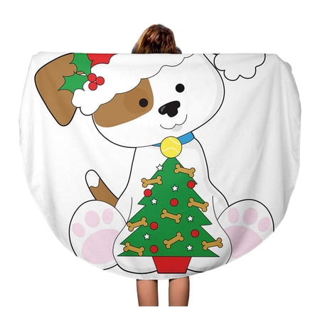 SIDONKU 60 inch Round Beach Towel Blanket Cute Little Puppy Wearing Santa Hat and Sitting Next Travel Circle Circular Towels Mat Tapestry Beach Throw