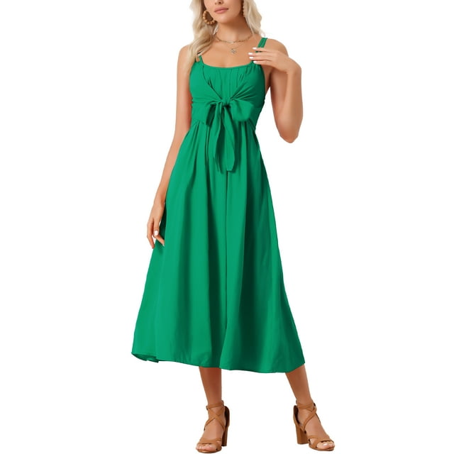 INSPIRAR CHIC Vestido Maxi Boho de Verano 2024 para Mujeres, Casual Sin Mangas, Tirantes de Espagueti, Cintura Atada, Fluido, Largo, Color Verde