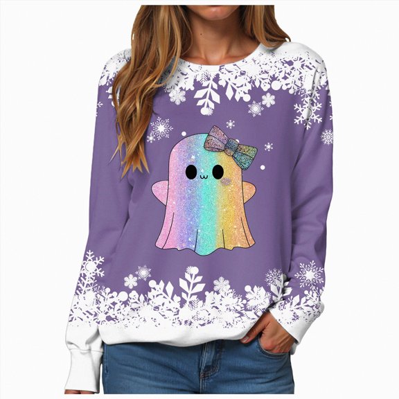 Godom Halloween Sweatshirts for Women Trendy Ghost Graphic Sweatshirt Oversized Crewneck Long Sleeve Fleece Pullover Sweaters