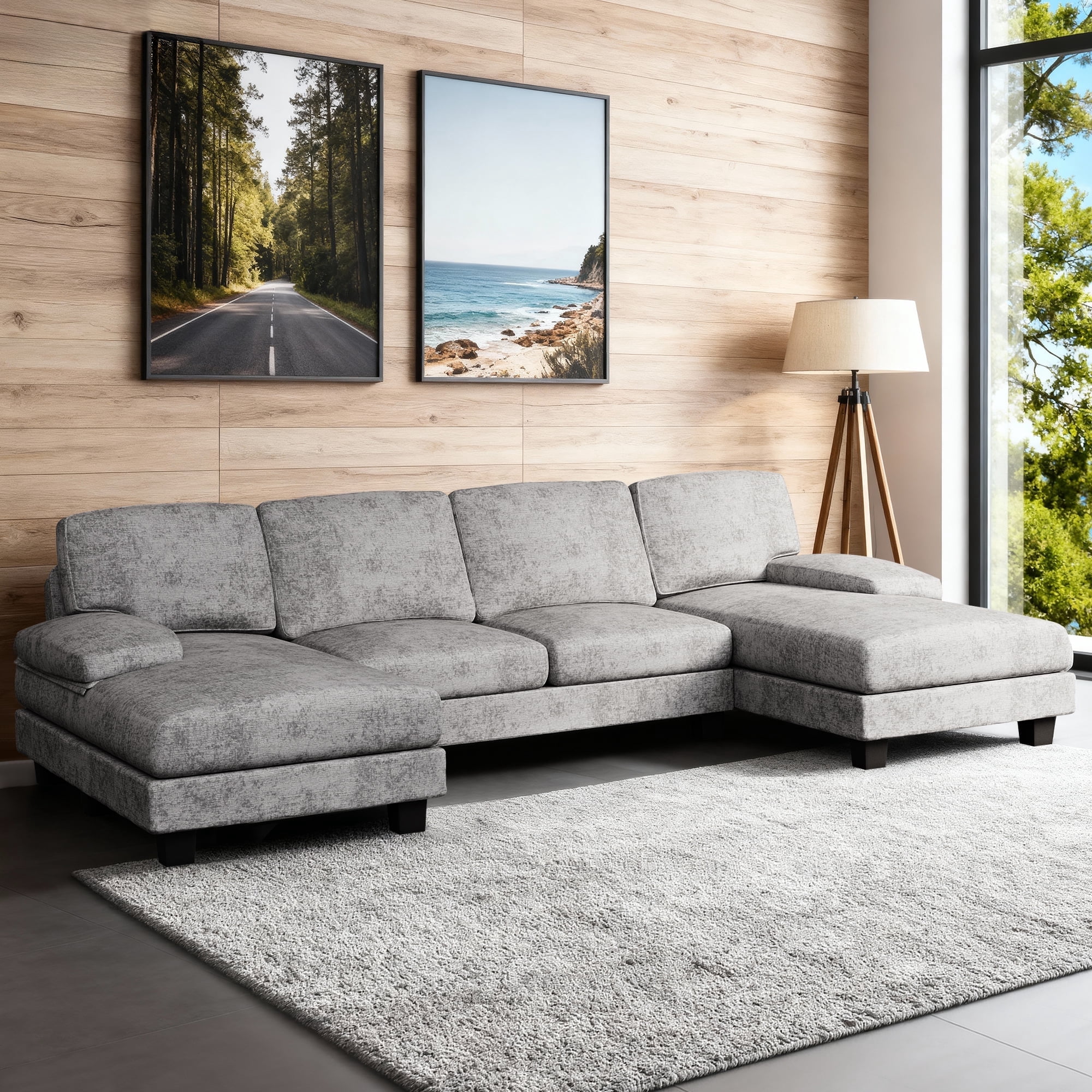 Furmax U-Shaped Sectional Sofa with Chaise, 4 Seats Chenille Fabric Sofa for Living room, New Gray