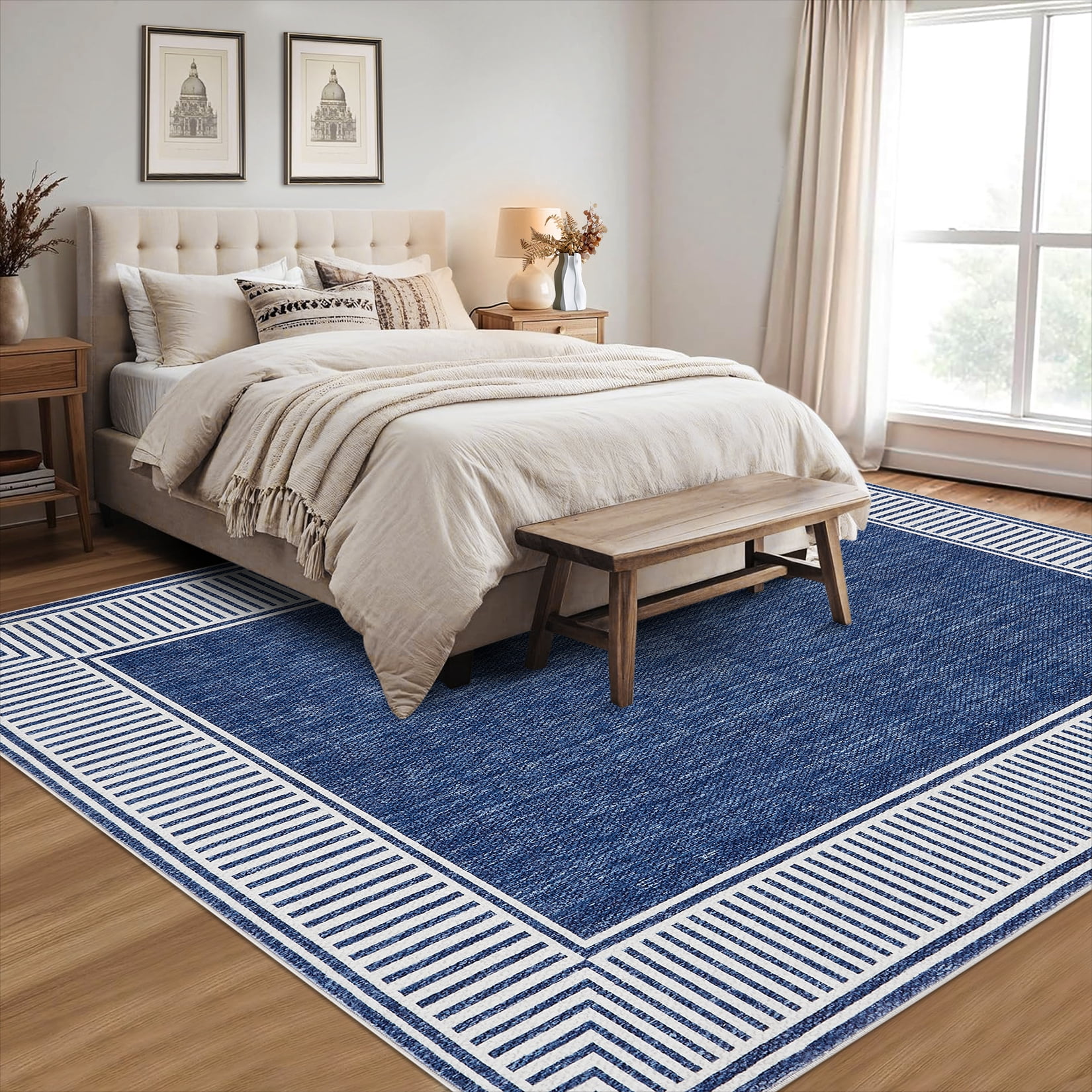 Garvee Indoor Bordered Area Rug, 5'x7' Modern Non Slip Rubber Backing Washable Rug Low Pile Striped Rugs Carpet for Bedroom Living Room Nursery Office, Blue