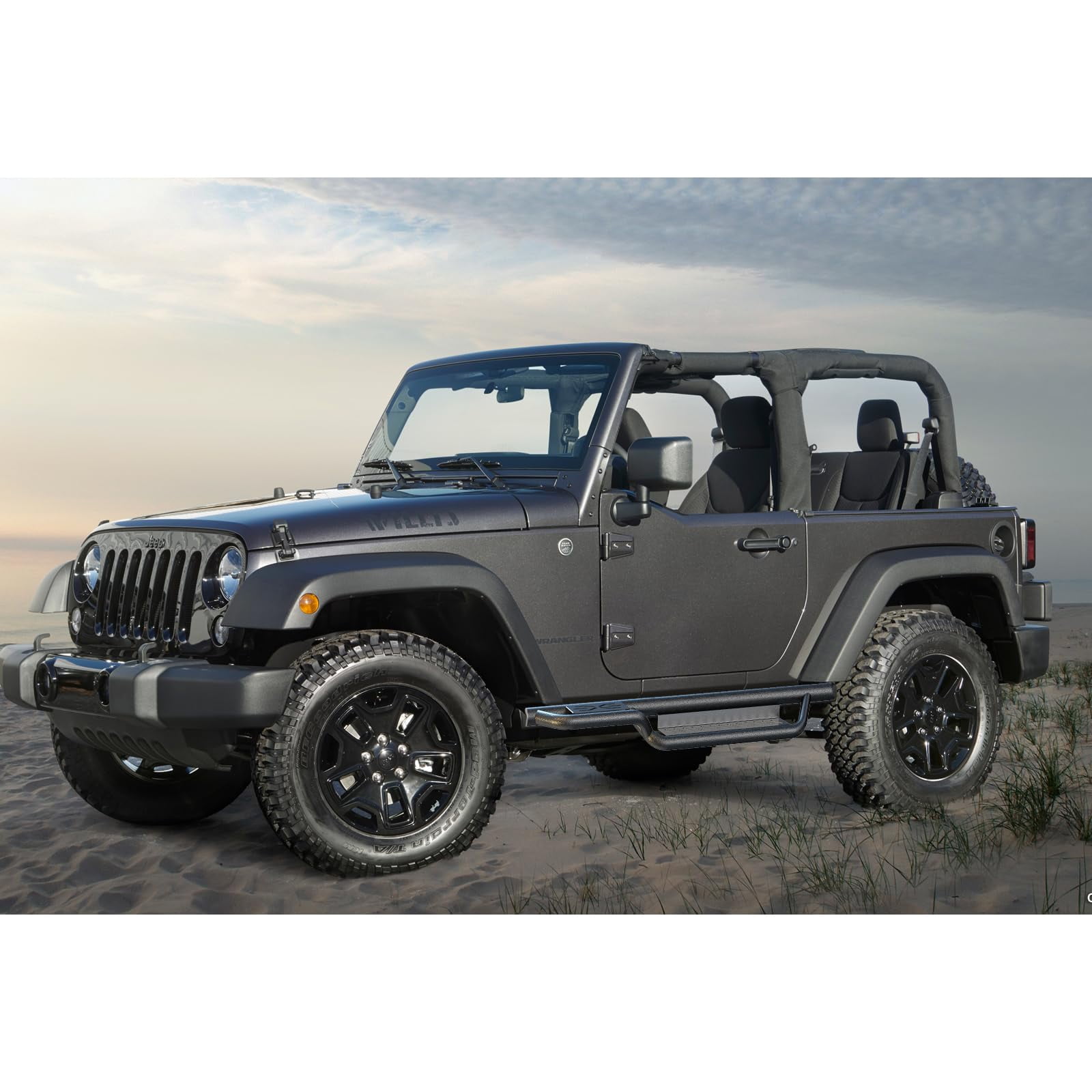 Garvee Running Boards Compatible with Wrangler JK 2 Door 2007-2018, Black Powder Coated Steel Nerf Bar w/Two Stairs Design All-Steel Build, Bolt-on Side Steps