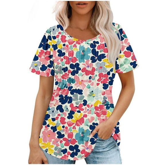 Raeneomay Short Sleeve Tunic Tops Fit Pleated Blouse Shirts Fashionable Women's Casual Short Sleeved Loose Round Neck Printed Top