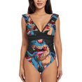 thumbnail image 2 of Yiaed Blue Dinosaur Print Women's Ruffled One Piece Swimsuit V Neck Swimwear Slimming Monokini for Woman-XX-Large, 2 of 8