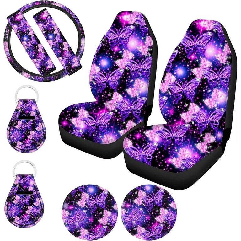 Pzuqiu Girly Butterfly Car Accessories for Women Front Back Seat Covers  Full Set with Universal Steering Wheel Covers,Seat Belt Cover,Auto Cup