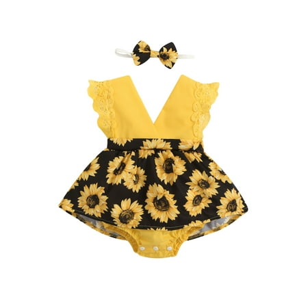 

Amuver Baby Girl Summer Romper Suit Sleeveless V-neck Sunflower Print Skirt Bodysuit Bow Elastic Headband