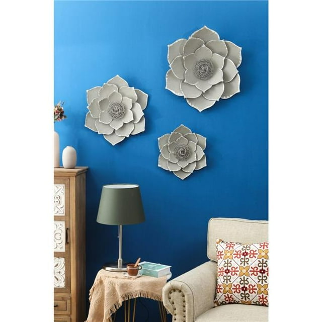 Luxen Home Three Piece Gray Metal Flower Wall Decor
