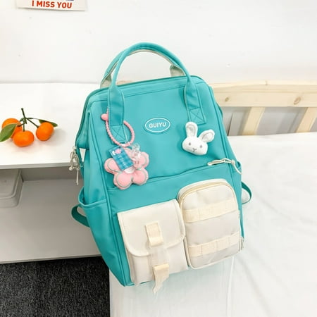 

Toyella Korean High School Large Capacity Runaway Backpack Green Flower pendant