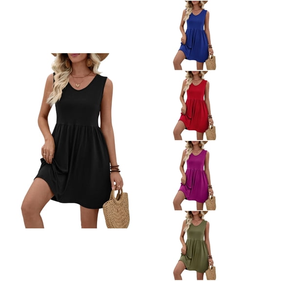Antinious Women Solid Sleeveless V-Neck Nightgown with Pockets Summer Mid Calf Sleepdress