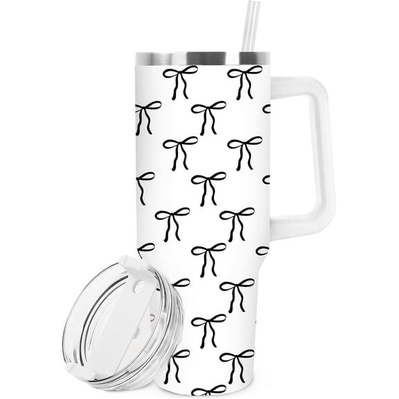 Black Bow Tumbler with Straw and Lid Cute Bow Knot Stainless Steel Travel Coffee Tumbler Cup with Handle for Coquette Party Home Office Supplies
