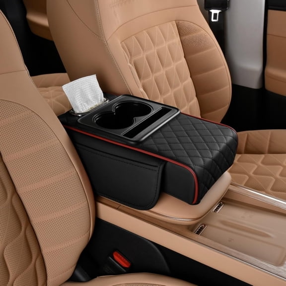 Multifunctional Pu Leather Car Armrest, PU Leather Center Console Cover Cushion, Armrest Storage Box Pad with Phone & Tissue Holder for Most Cars