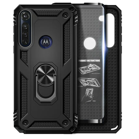 For Motorola Moto G Fast Case with Tempered Glass Screen Protector (Full Coverage), Nagebee Military Armor [Magnetic Ring Holder & Kickstand] Shockproof Protective Cover (Black)